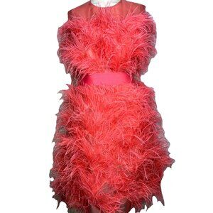 NWT US 10 Huishan Zhang FULL FEATHER  Coral Cocktail Dress Red Carpet Debutante